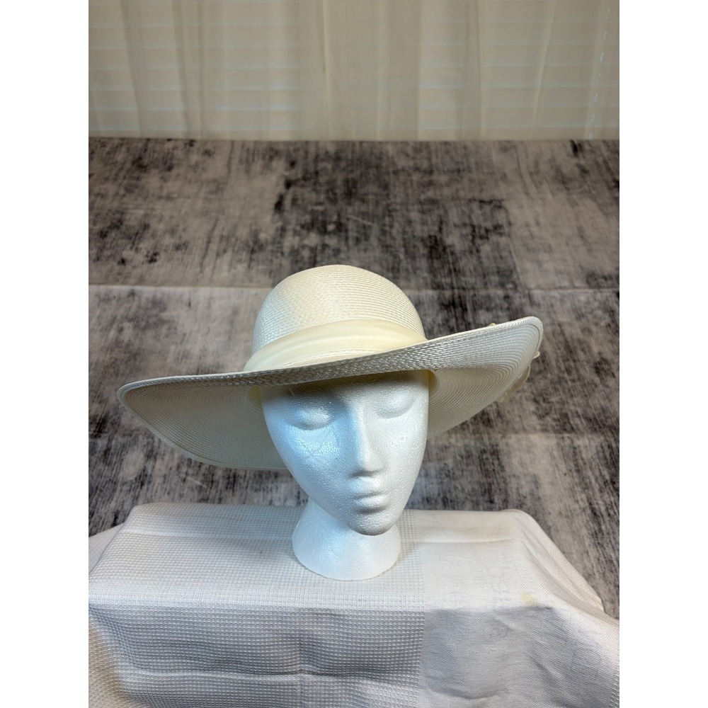 Arlin Vintage Cream White Wide Brim Sun Hat Organza Bow Church Wedding RN 7008